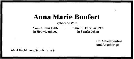 Witt Anna Maria 1906-1992 Todesazeige